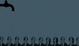 a row of open mouthed people beneath a tap 