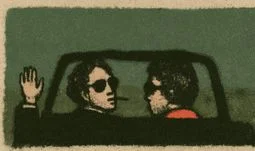 Two men in a car. One is smoking and waving goodbye