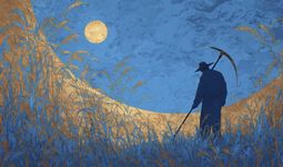 a man with a scythe in the moonlight
