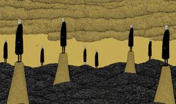 some people standing on gold pillars in a black sea 