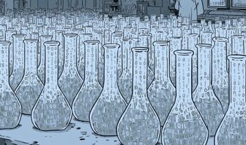 a lab full of test tubes with binary code