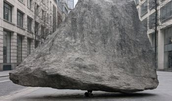 a rock balanced on a roller skate 