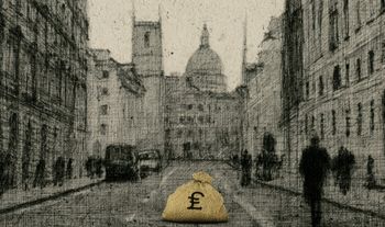 a street in the City of London with a bag of gold money 