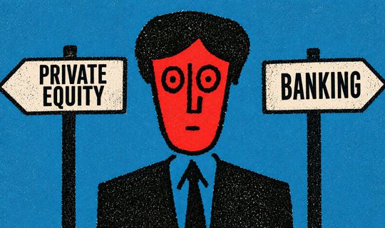Drawing of a red man in a suit. Signs either side of him read "banking" and "private equity"