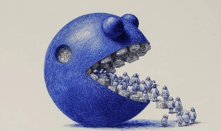 a blue pacman eating small men
