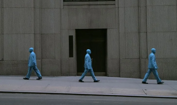 blue men outside a bank 
