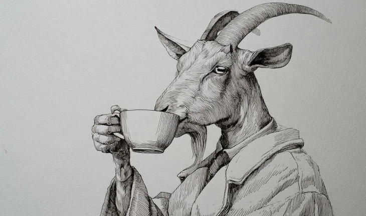 a goat drinking coffee
