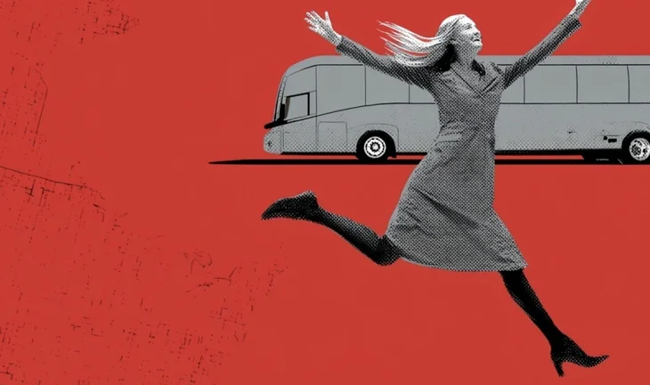 a woman jumping next to a bus