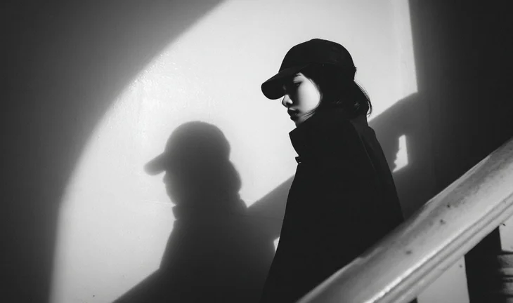 Asian woman on the stairs in a cap 