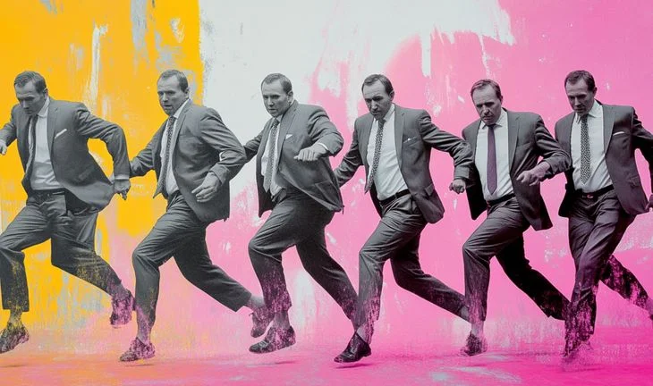 a row of bankers in suits dancing against a yellow and pink background