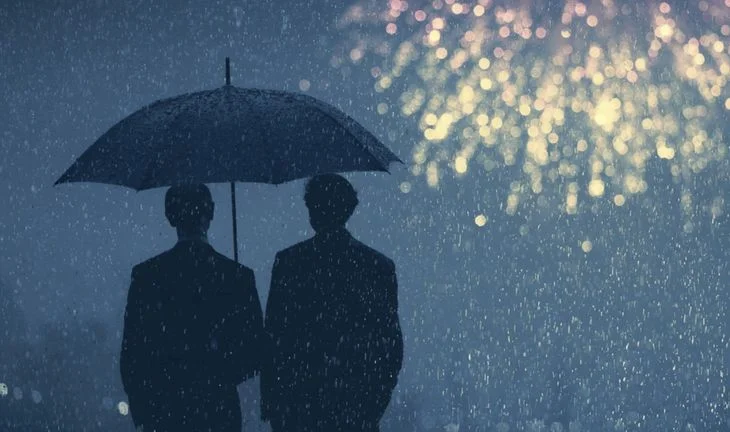 fireworks in the rain