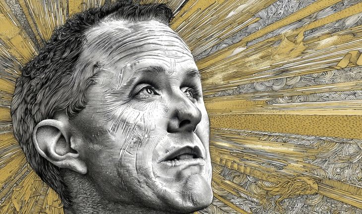 Michael Grimes of Morgan Stanley, a pen and ink drawing with sun rays behind him