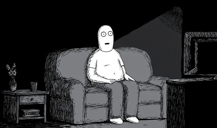 a cartoon of a startled man on a sofa