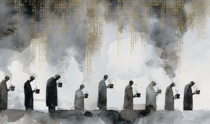 bankers holding coffee while binary code falls from the sky