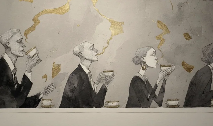 bankers in a row drinking coffee 