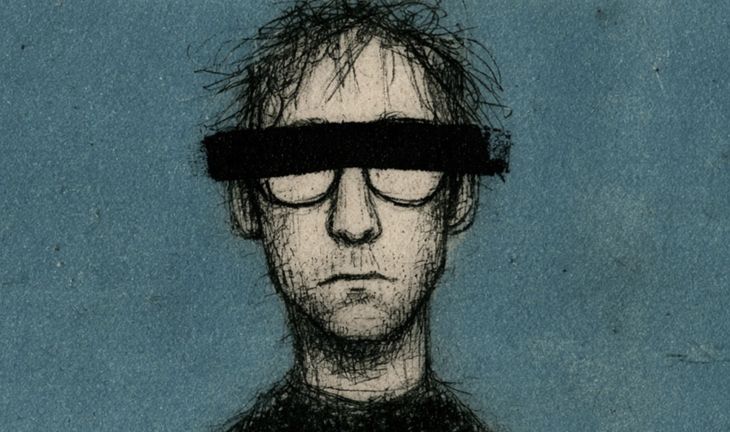 a man in glasses with a black bar of ink across his eyes