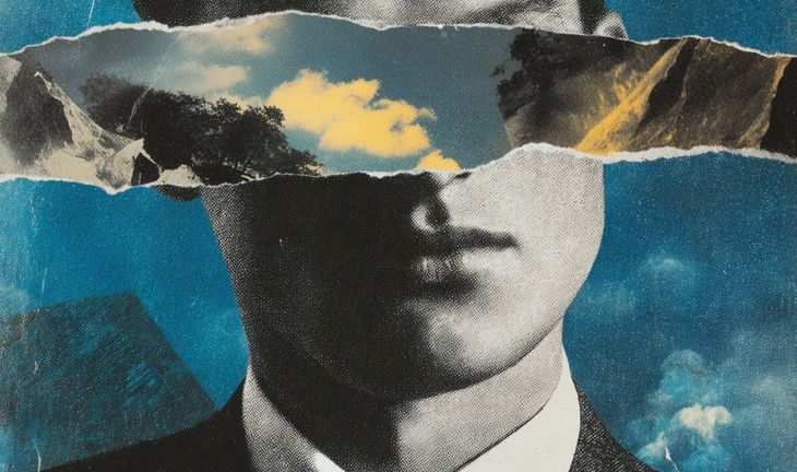 a male face with a strip ripped out by the eyes and you can see the sky there
