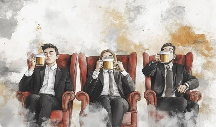 some students in suits sitting on thrones and drinking coffee