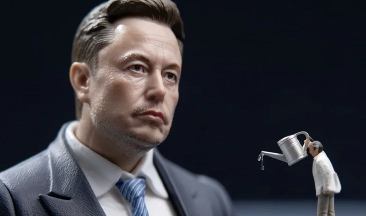 a man with a watering can next to Elon Musk 