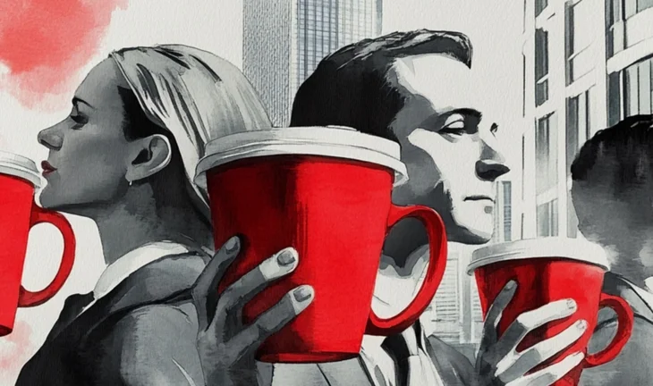 bankers holding large red coffee cups 