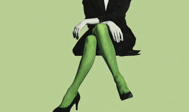 woman with green legs crossed 
