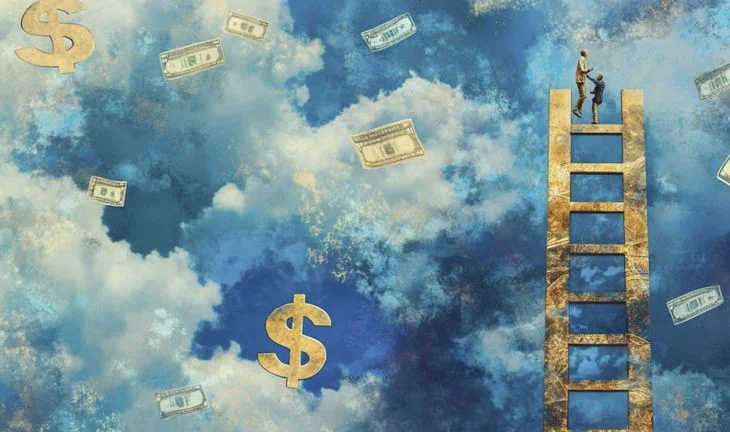 two figures on a ladder in the sky with dollar signs floating around