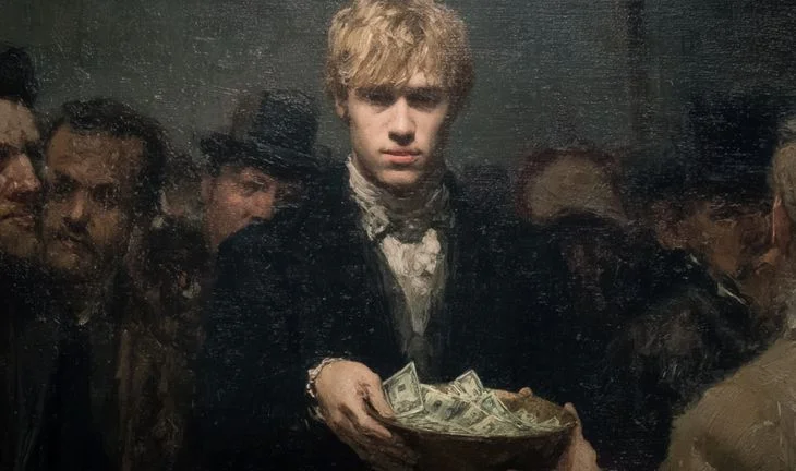 an oil painting of a blonde man holding money