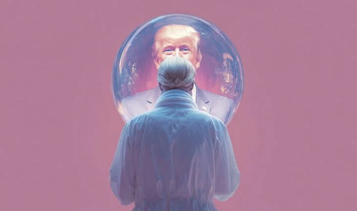 A man in a white outfit looking at Trump in a crystal ball 
