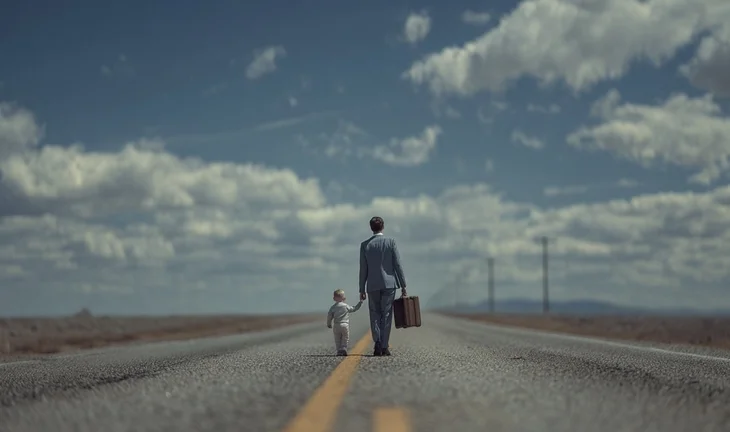 a man with a suitcase holding a toddler's hand on a deserted road