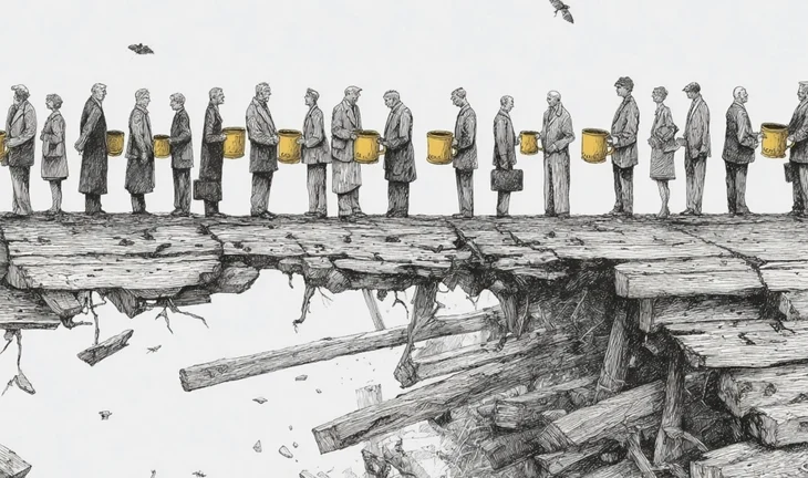 men standing on a crumbling bridge 