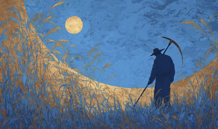 a man with a scythe in the moonlight