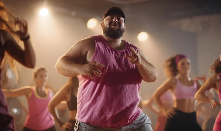 a man in a pink vest dancing 