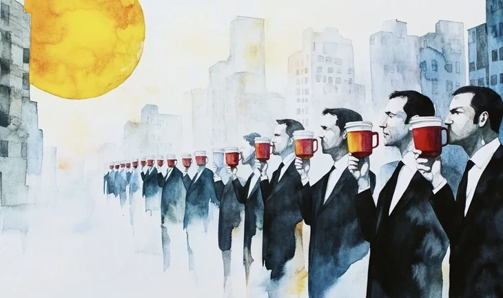 a row of bankers holding cups with a big sun in the background