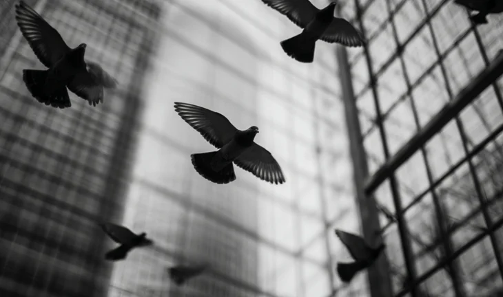 birds flying outside a building 