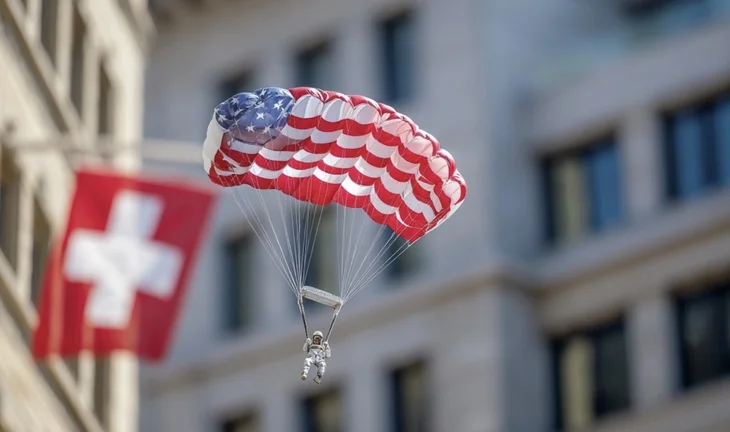 parachute of an American flag approaching a Swiss flag 