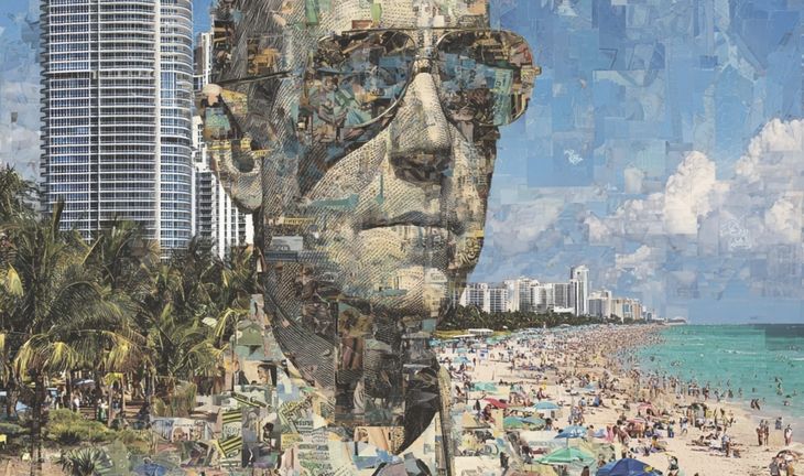  a collage of a man's face, Miami beach