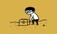 a small man next to a casket in the desert, line drawing 