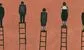 some people on ladders, one is wearing a dress
